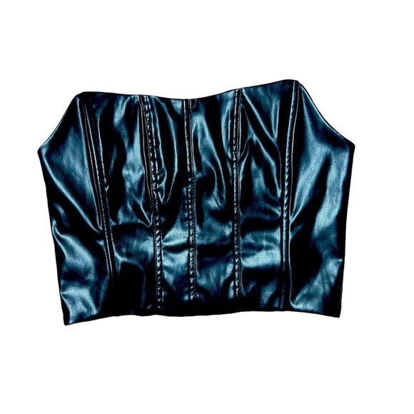 Vera and Lucy Black Liquid Leather Faux Leather Ribbed Cropped Corset Sz. S - Picture 2 of 9
